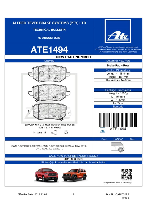 ATE1494 NEW! Brake Pad for GWM P-SERIES; GWM TANK 300  featured image